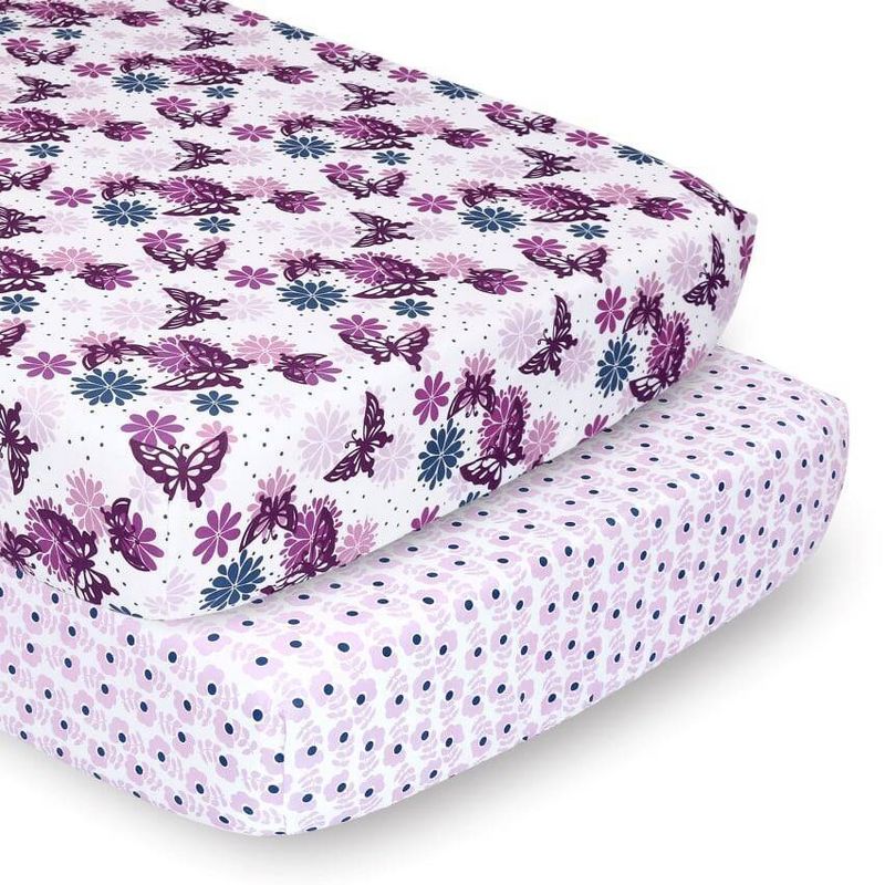 The Peanutshell Fitted Crib Sheets - Purple Butterfly and Purple Ditsy Floral - 2pk, 1 of 8