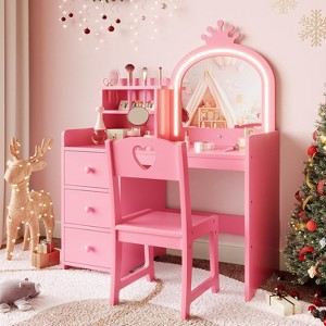2-in-1 Kids Vanity Desk with Mirror and Lights,Princess Wooden Makeup Vanity with Chair - 1 of 4