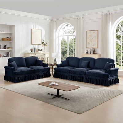 Mid-Century Sectional Sofa, 3-Seat Sofa and 2-Seat Loveseat with Flared Arms with Removable Skirt, Chenille Sofa with Cushion-Coolbibila