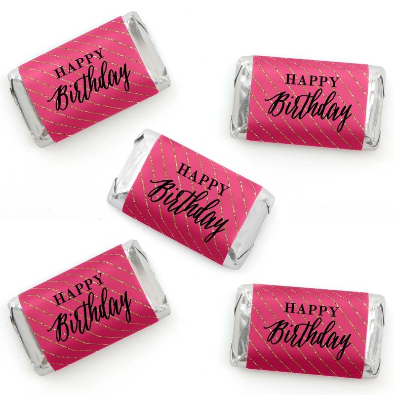 Big Dot of Happiness Chic Happy Birthday - Pink, Black and Gold - Mini Candy Bar Wrapper Stickers - Birthday Party Small Favors - 40 Count, 1 of 7