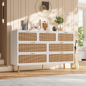 Rattan 7 Drawer Dressers for Bedroom, Tall Dresser with Deep Drawers, Large Chest of Drawers for Closet with Wide Top, Long Wooden Dresser - 1 of 4