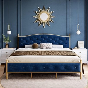 Full Bed Frame with Headboard, Velvet Upholstered, Heavy Duty Mattress Foundation, Wood Slats, No Box Spring, Easy Assembly, Gold and Blue - 1 of 4