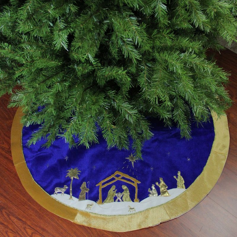 Northlight 48" Blue and Gold Nativity Scene Christmas Tree Skirt with Gold Border, 2 of 3