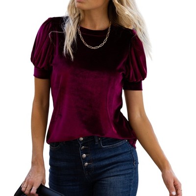 Amaryllis Women's Short-Sleeve Velvet Puff Sleeve Top Elegant Crew Neck  Texture