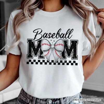 Baseball Mom Coquette Bow Retro T-Shirt, Stylish Game Day White Tee for Trendy and Proud Sports Mothers| OrnamentallyYou