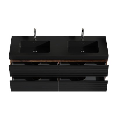 phiestina 60" Walnut Bathroom Vanity with Matt Black Sink, Soft Black Drawers, Wall Mounted, Pre-Assembled