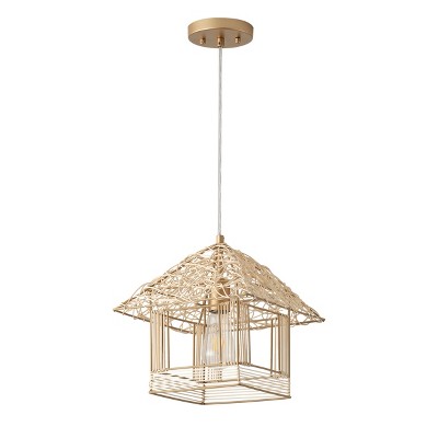Modern Pendant Light with Pagoda Cage Shade, Bamboo Woven Hanging 1-Light for Kitchen Island