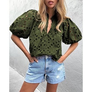 Women's Embroidered Eyelet Puff Sleeve Shirt, Hollow - Out V - Neck Casual T - Shirt - 1 of 4