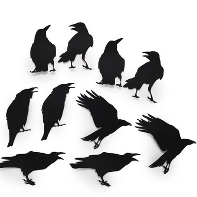 Lakeside Decorative Halloween Crow-Shaped Sticky Wall Mural Decals - Set of 10