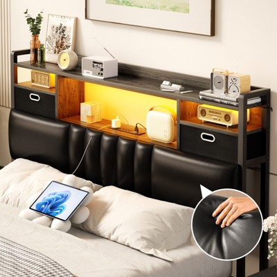Aheaplus Upholstered Storage Headboard with Charge Station and RGB LED Light