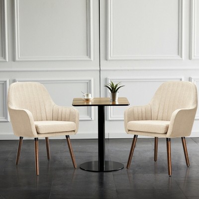 Beige Linen Upholstered Armchairs with Wooden Legs, Set of 4