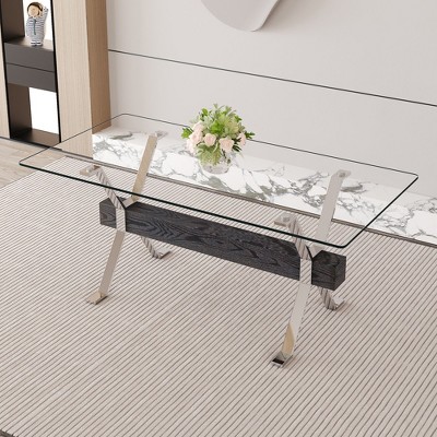 NicBex 71 Inch Rectangle Dining Table with Tempered Glass Tabletop and MDF Crossbars for 6 to 8,Living Meeting Room,Gold/Silver