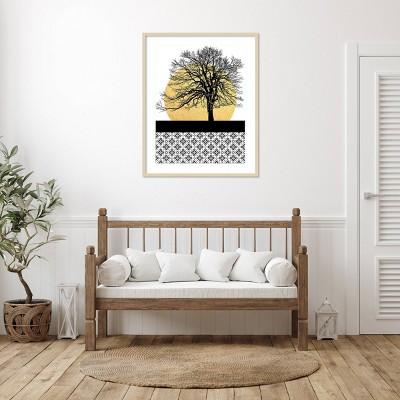 Yellow Moon Rising I Abstract Nature Lithograph with Brown Wood Frame