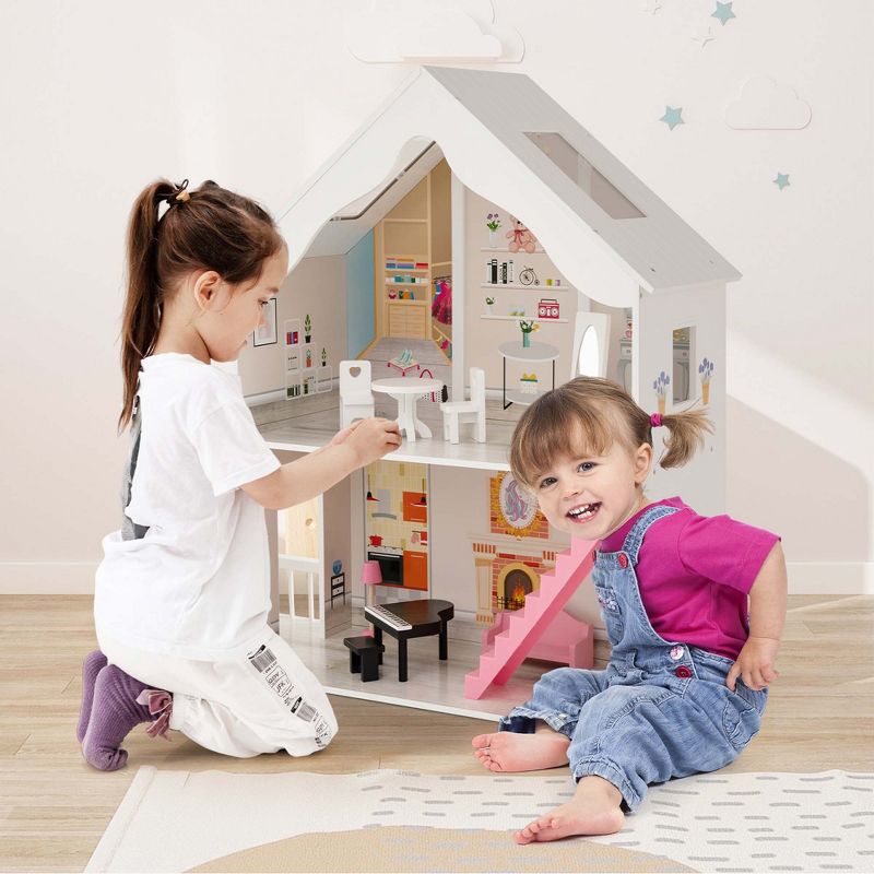 Costway Kids Wooden Dollhouse Semi-Opened DIY Playset with Simulated Rooms & Furniture, 2 of 11