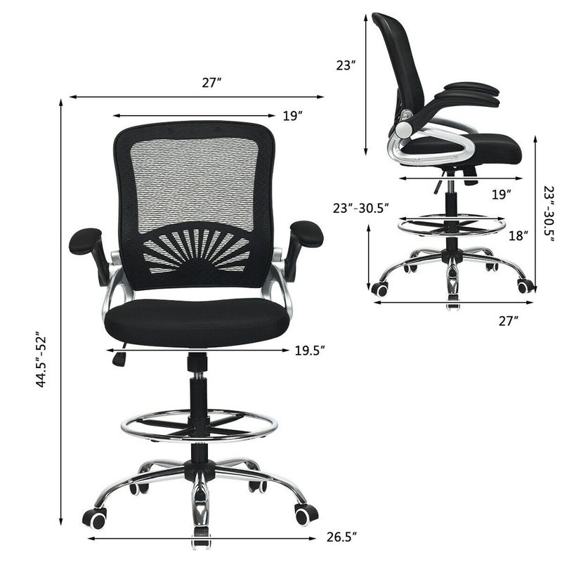 Costway Mesh Drafting Chair Mid Back Office Chair Adjustable Height Flip-Up Arm Black, 3 of 11