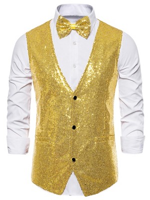 Lars Amadeus Men's Sequin Shiny Slim Fit Sleeveless Suit Waistcoat Set with Bow Tie
