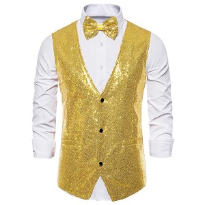 Lars Amadeus Men's Sequin Shiny Slim Fit Sleeveless Suit Waistcoat Set with Bow Tie - 1 of 4