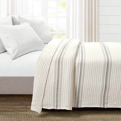 Full/Queen Gray Cotton Reversible Farmhouse Stripe Quilt