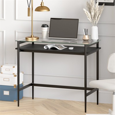 36" Blackened Bronze Desk with Glass Top and Shelf