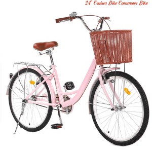 24" & 26" Cruiser Bike Commuter Bike Beach Cruiser w/ Ergonomic Upright Design, w/Basket & Adjustable Seat - 1 of 4