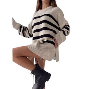 Coolmee Fall Sweaters for Women Striped Oversized Fashion Long Sleeve Crewneck Stripe Cozy Knit Pullover Tops Cute Winter Clothing - 1 of 4