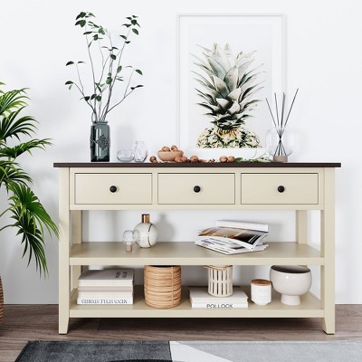 Farmhouse Console Table with 3 Drawers,2 Open Shelves,3 Tier Solid Wood Console Table for Entryway Hallway,Living Room