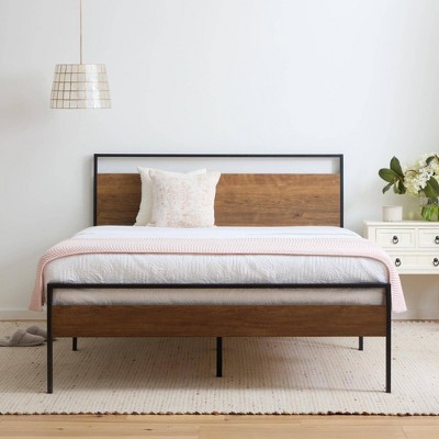 Twin Brown Wood and Metal Platform Bed with Headboard