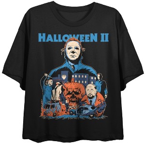 Halloween II Michael Myers, Samuel Loomis, Pumpkin skull, City and Cars Illustration style on Black Short Sleeve Adult Crop T-Shirt - 1 of 3
