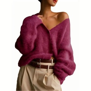 Coolmee Women's Fuzzy Cardigan Sweater V Neck Long Sleeve Button Down Slouchy Furry Knit Sweaters - 1 of 4