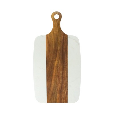 Slickblue 13.75” x 7.25” White/Black Marble & Acacia Wood Board - Reversible, Stylish Serving Board with Handles