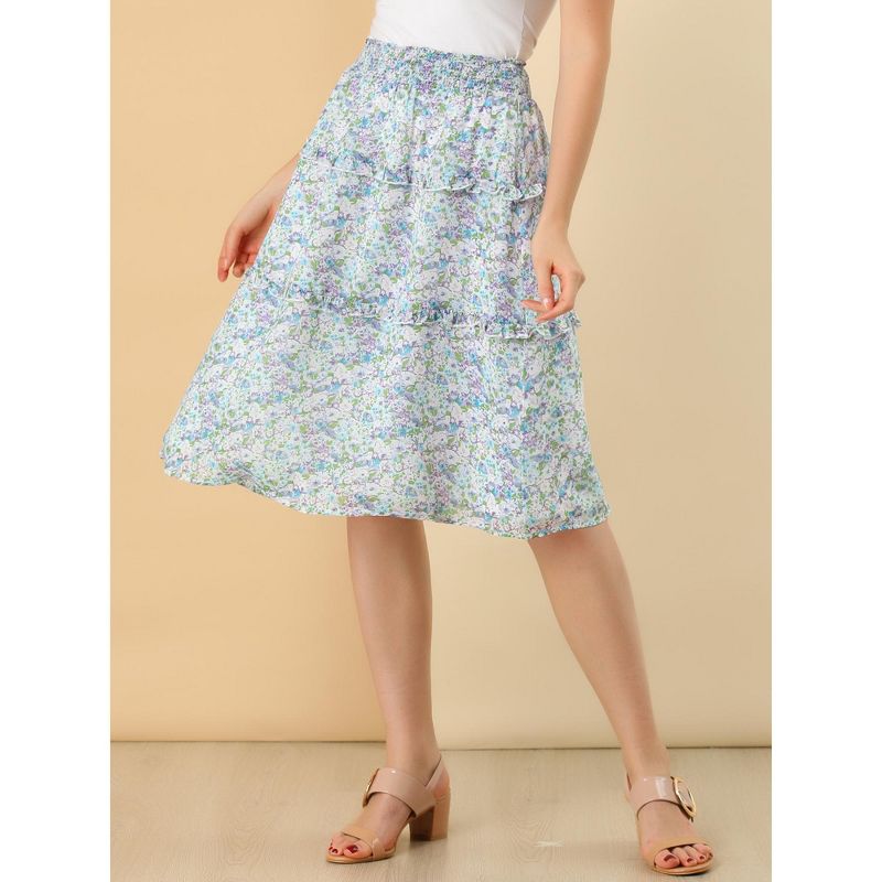 Allegra K Women's Floral Print Smocked Elastic Waist Knee Length Flowy Tiered Ruffle Skirt, 2 of 7