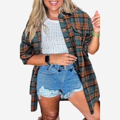 Amaryllis Women’s Button Front Collared Long Sleeve Plaid Shirt with Chest Pocket Relaxed Fit Soft