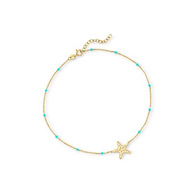 Pure Collection by Ross-Simons Italian 14kt Yellow Gold Starfish and Blue Enamel Station Anklet Size 9