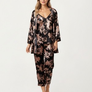Anna-Kaci Lounge Women's 3-Piece Set Satin Baroque Print Pajama Cami with Matching Robe and Relaxed Straight-Leg Pants - 1 of 4