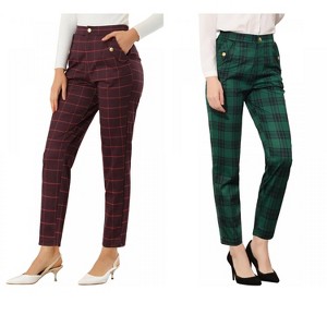 INSPIRE CHIC Women's Vintage Tartan Plaid Elastic Waist Straight Long Trousers 2 Packs - 1 of 4