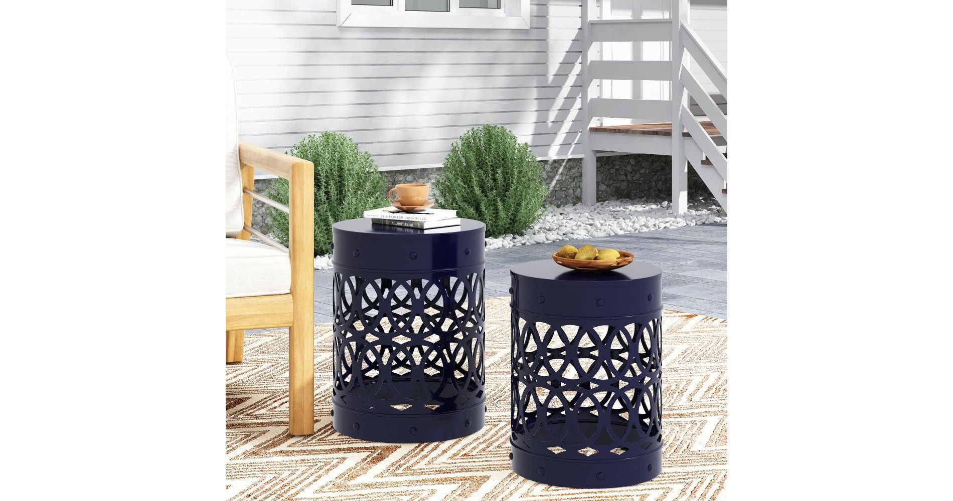 TUYOHW Round Patio End Table,Metal Patio Side Table for Backyard,Pool, Indoor Companion,Durable and Rustproof,Navy Blue,2PC
