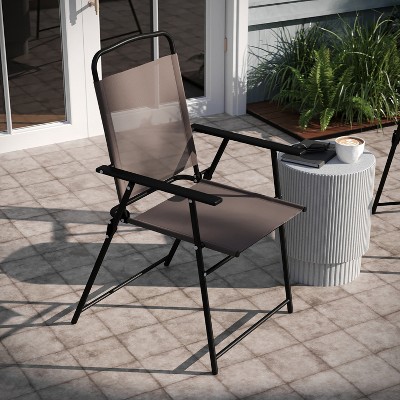 Set of 2 Brown Textilene Folding Patio Chairs with Armrests