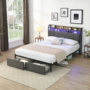 Bed Frame with Storage Headboard and Drawers, Metal Frame Platform Bed,(Only includes bed frame and end storage basket) Black Twin Size - 1 of 4