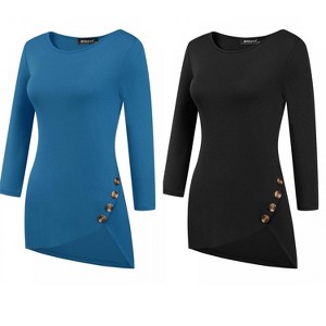 Allegra K Women's 3/4 Sleeve Round Neck Button Decor Casual Stretchy Tunic Tops 2 Packs - 1 of 4