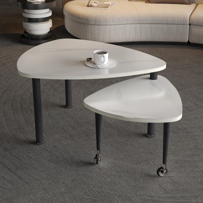 KTMBDW 2 Tier Modern Coffee Table, 360 Degree Rotatable Coffee Center Table with Wood Legs and Sintered Stone Tabletop, Cocktail Table for Living Room