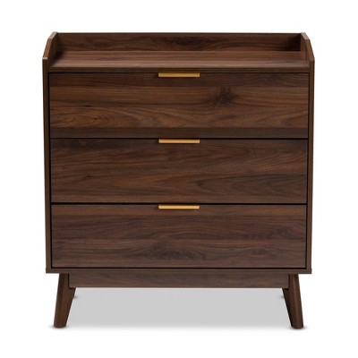 Lena Mid-Century Walnut 3-Drawer Chest with Gold-Tone Handles