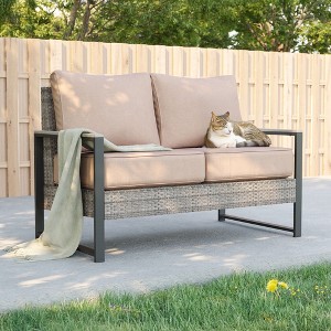 Sonkuki Loveseat Sofa, All-Weather PE Rattan Wicker Set Patio Conversation Couch with Cushion - 1 of 4
