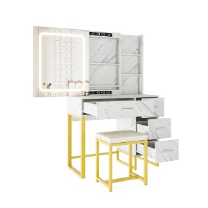 Vanity Desk with Sliding Mirror and Lights, Wood Makeup Vanity Desk, 3 Lighting Modes, 4 Drawers, 5 Storage Shelves, Hairdryer Holder - 1 of 4