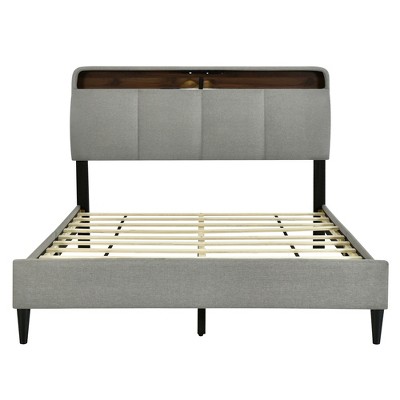 HomeRoots Gray Tufted Upholstered Queen Bed Frame With USB
