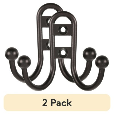 Munora 2-Pack Mainstays Double Hook - Bronze Metal Wall Hooks with Mounting Hardware, 10 lb Capacity