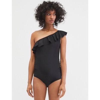 Beach Bump™ Ruffle Front One Shoulder Maternity Swimsuit Upf 50+-black-xs