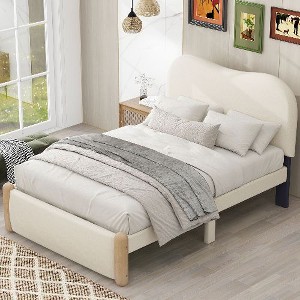 CAVINAS Full Size Bed Frame, Upholstered Platform Bed with Wood Supporting Feet, Bed Frame with Headboards and Trundle - 1 of 4