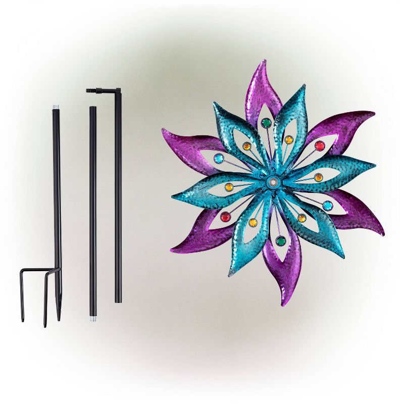 64&#34; Jeweled Colorful Metal Dual Floral Wind Spinner Garden Stake Aqua/Purple - Alpine Corporation, 6 of 8