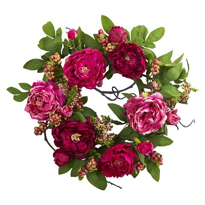 Mixed Peony and Berry Silk Wreath Fuchsia 20" - Nearly Natural