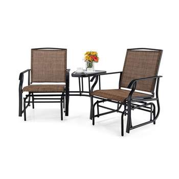Tangkula Patio Double Rocking Chair Outdoor 2-Seat Swing Glider Chair W/ Center Table & Umbrella Hole Black/Brown/Turquoise